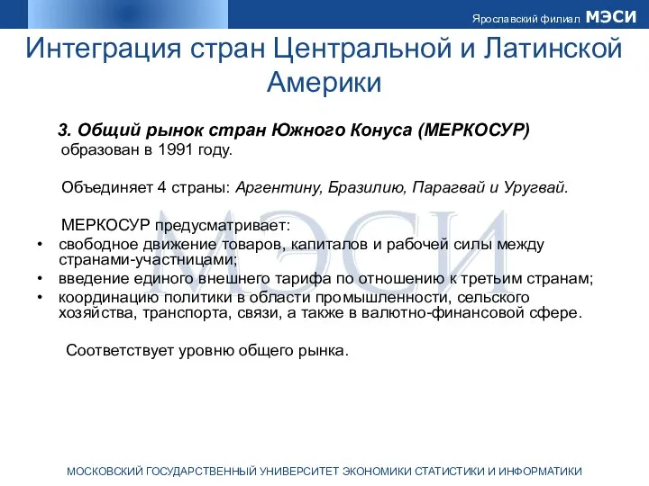 Интеграция стран Центральной и Латинской Америки 3. Общий рынок стран Южного