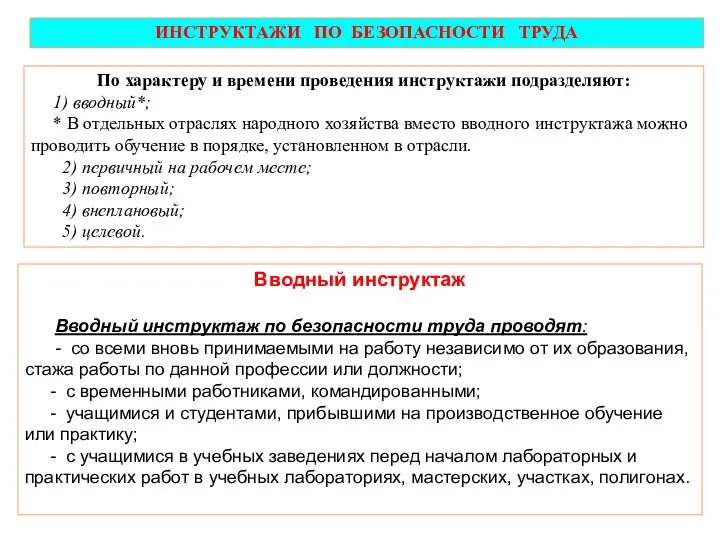 По характеру и времени проведения инструктажи подразделяют: 1) вводный*; * В