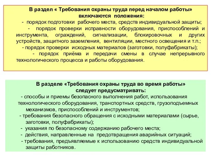 В раздел « Требования охраны труда перед началом работы» включаются положения: