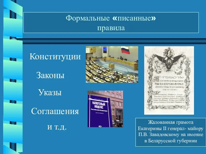 Формальные «писанные» правила Соглашения и т.д. Конституции Законы Жалованная грамота Екатерины