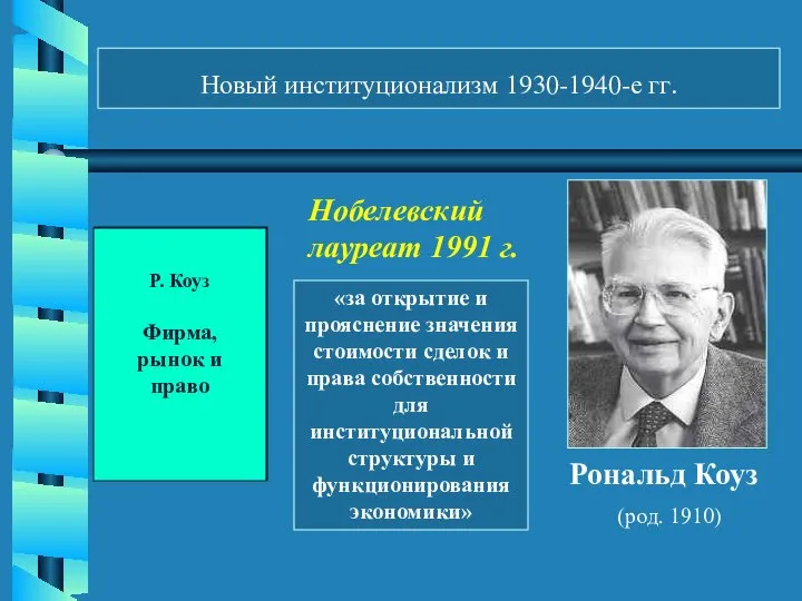 Новый институционализм 1930-1940-е гг. Рональд Коуз (род. 1910) «за открытие и