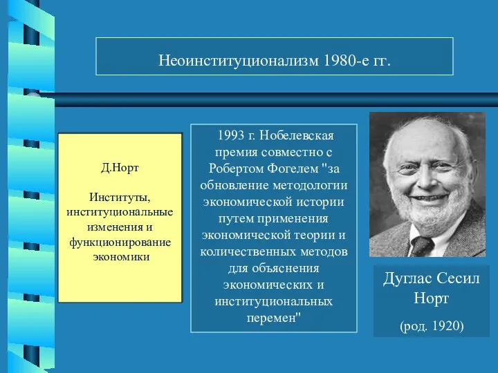 Дуглас Сесил Норт (род. 1920) 1993 г. Нобелевская премия совместно с