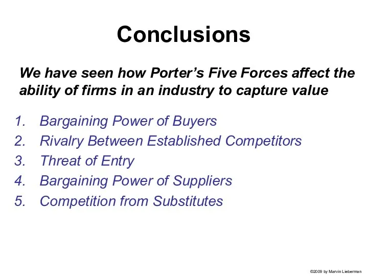 Conclusions Bargaining Power of Buyers Rivalry Between Established Competitors Threat of