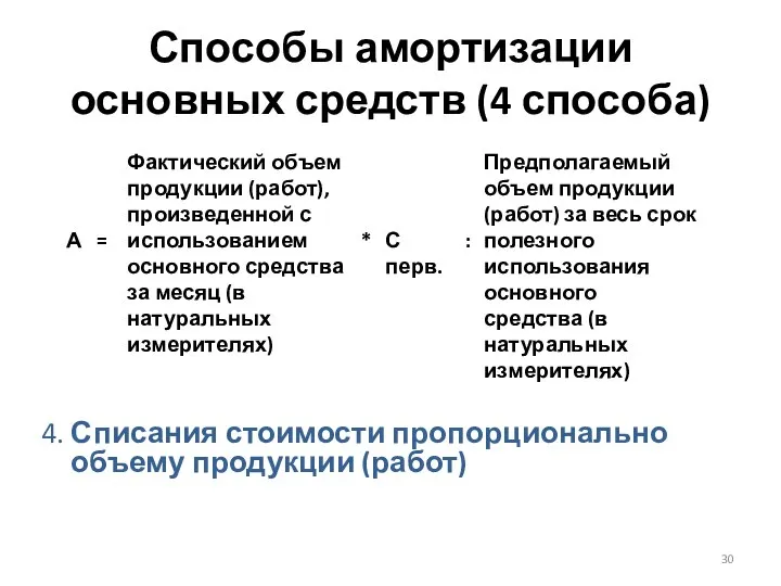 Способы амортизации основных средств (4 способа) 4. Списания стоимости пропорционально объему продукции (работ)