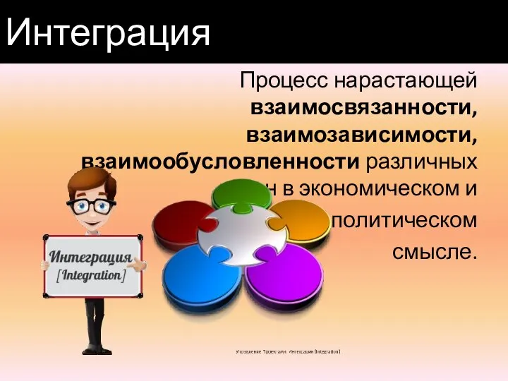 Интеграция Процесс нарастающей взаимосвязанности, взаимозависимости, взаимообусловленности различных стран в экономическом и политическом смысле.