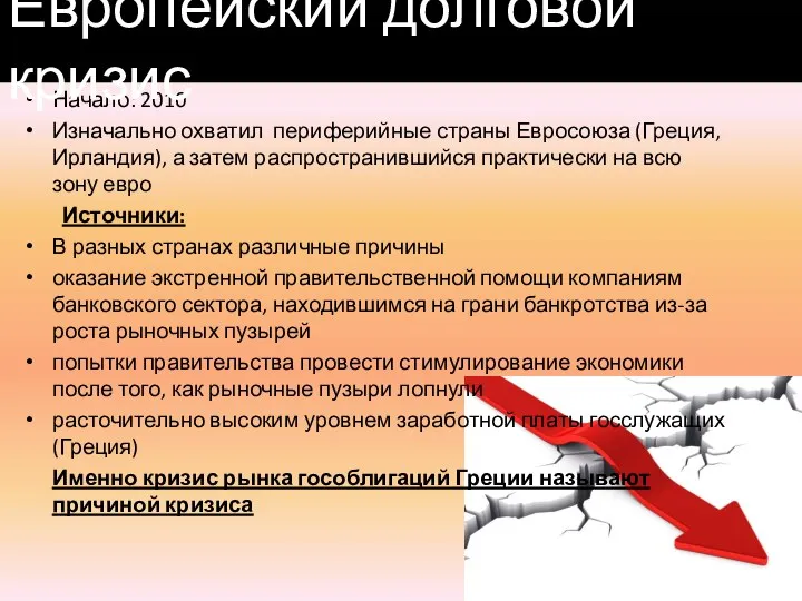 Начало: 2010 Изначально охватил периферийные страны Евросоюза (Греция, Ирландия), а затем