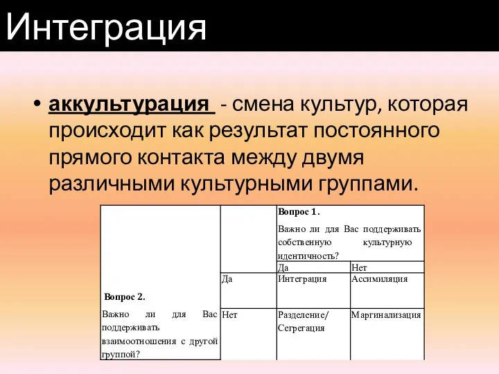 аккультурация - смена культур, которая происходит как результат постоянного прямого контакта