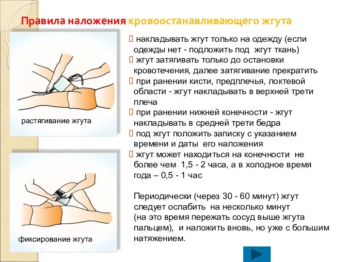 Правила наложения кровоостанавливающего жгута накладывать жгут только на одежду (если одежды