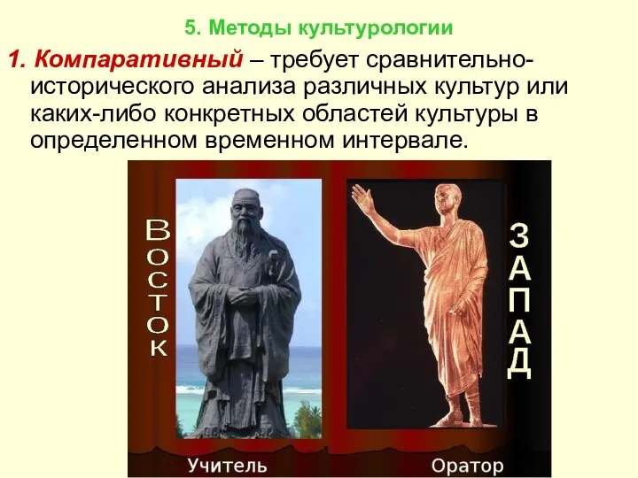 5. Методы культурологии 1. Компаративный – требует сравнительно-исторического анализа различных культур