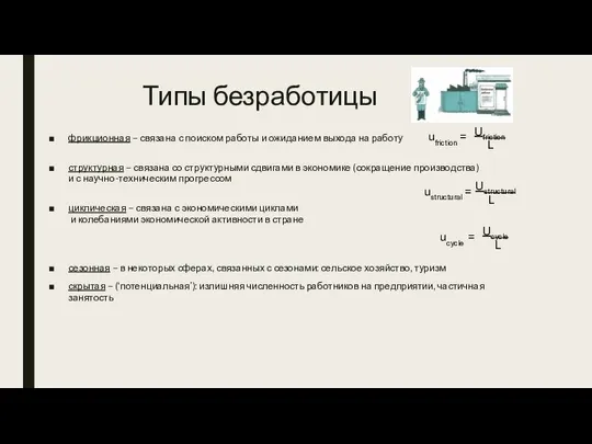 Типы безработицы фрикционная – связана с поиском работы и ожиданием выхода