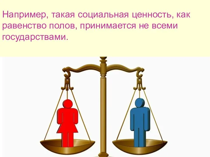 Например, такая социальная ценность, как равенство полов, принимается не всеми государствами.