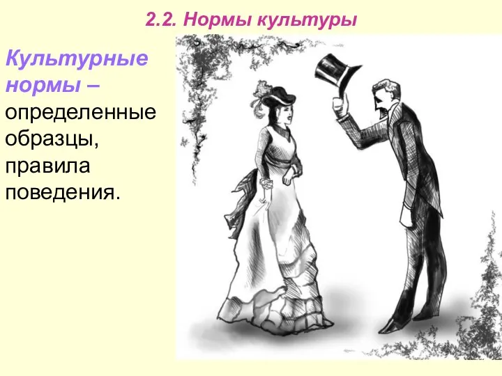 2.2. Нормы культуры Культурные нормы – определенные образцы, правила поведения.