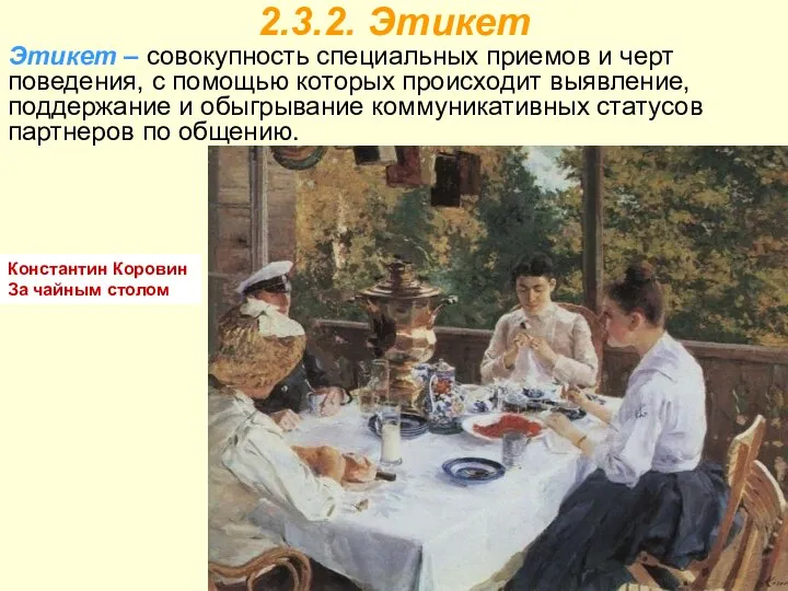 Константин Коровин За чайным столом Этикет – совокупность специальных приемов и
