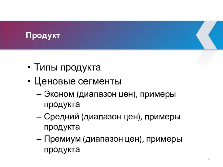 Продукт Типы продукта Ценовые сегменты Эконом (диапазон цен), примеры продукта Средний