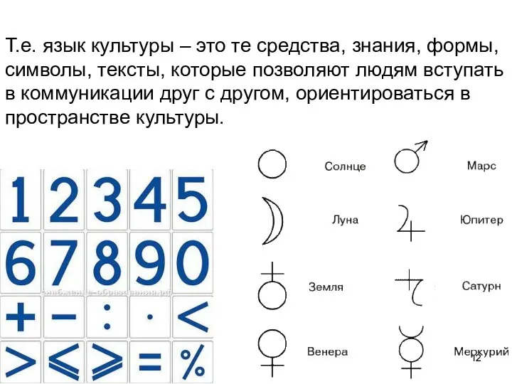 Т.е. язык культуры – это те средства, знания, формы, символы, тексты,