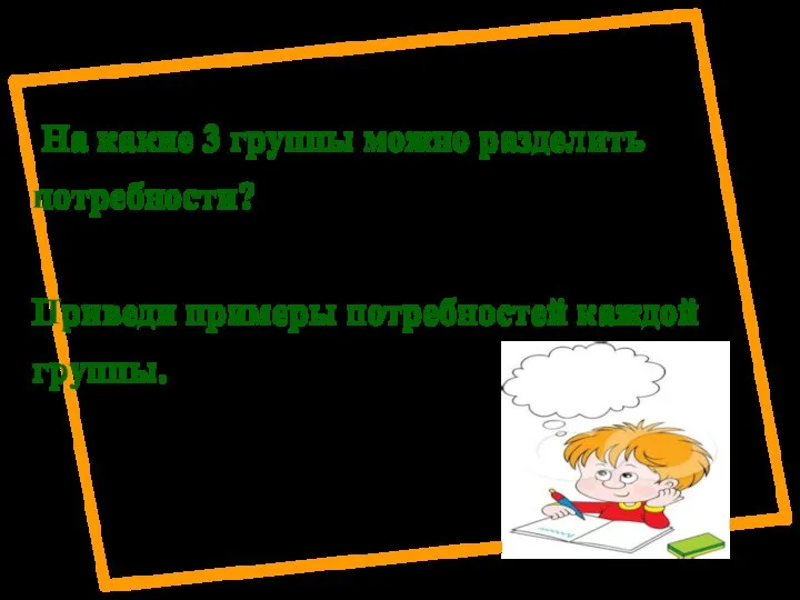 На какие 3 группы можно разделить потребности? Приведи примеры потребностей каждой группы.