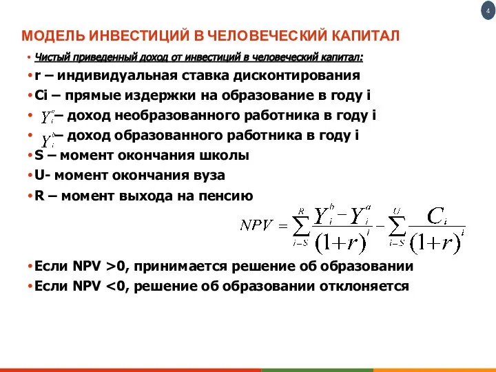 МОДЕЛЬ ИНВЕСТИЦИЙ В ЧЕЛОВЕЧЕСКИЙ КАПИТАЛ Чистый приведенный доход от инвестиций в