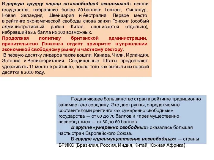 В первую группу стран со «свободной экономикой» вошли государства, набравшие более