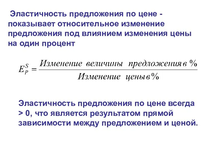 Эластичность предложения по цене всегда > 0, что является результатом прямой