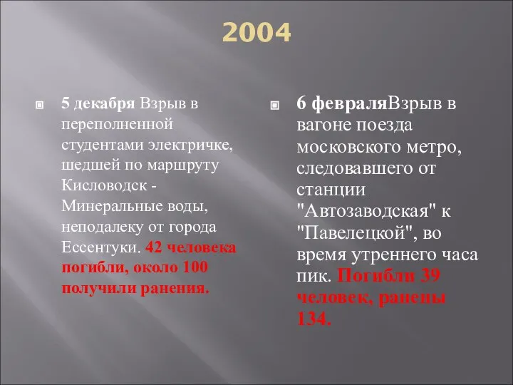 2004 5 декабря Взрыв в переполненной студентами электричке, шедшей по маршруту