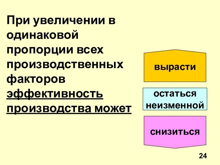 При увеличении в одинаковой пропорции всех производственных факторов эффективность производства может