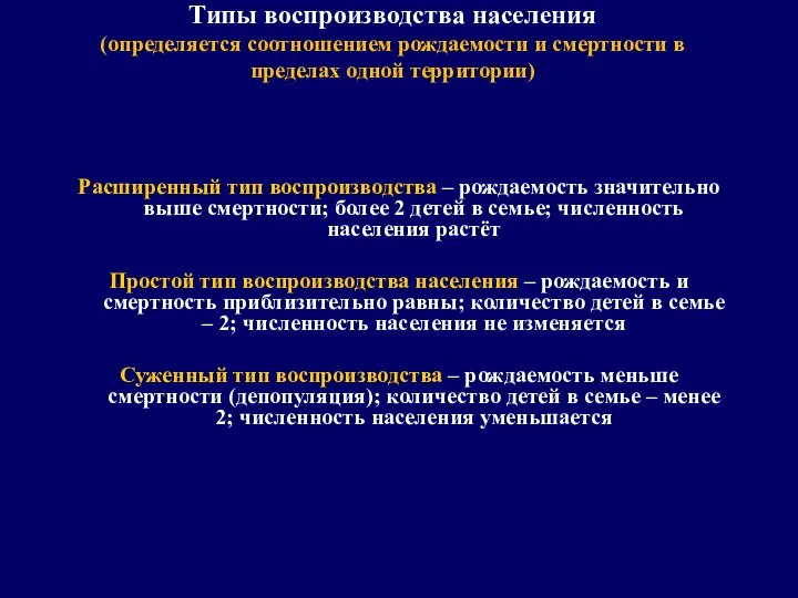 Типы воспроизводства населения (определяется соотношением рождаемости и смертности в пределах одной