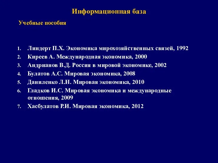 Информационная база Учебные пособия Линдерт П.Х. Экономика мирохозяйственных связей, 1992 Киреев