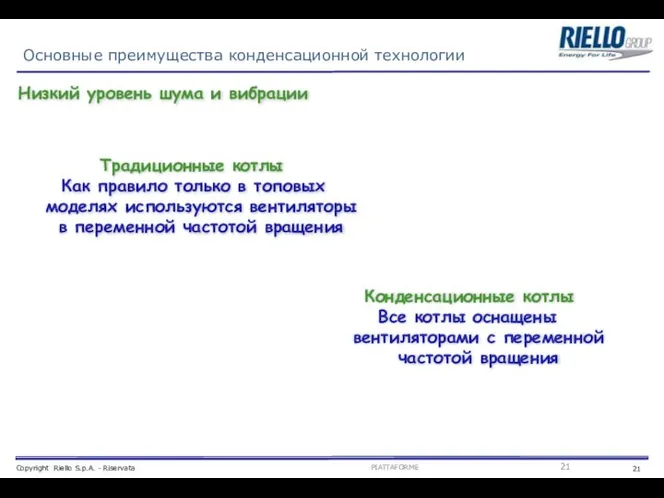 Основные преимущества конденсационной технологии Низкий уровень шума и вибрации Конденсационные котлы