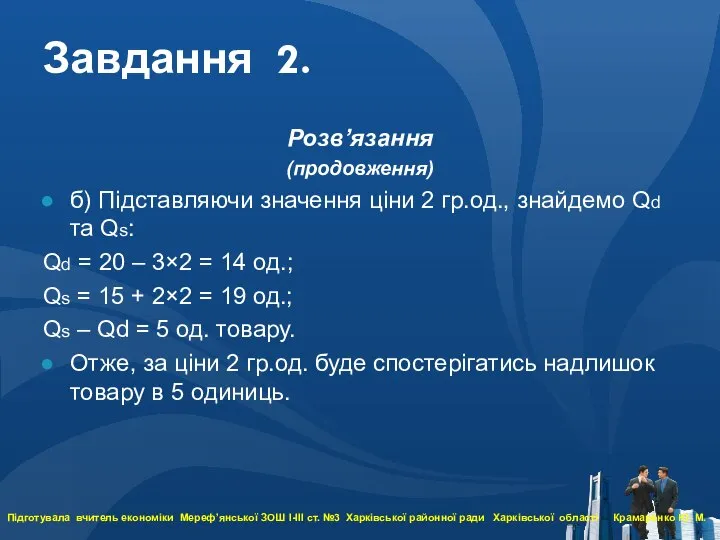 Розв’язання (продовження) б) Підставляючи значення ціни 2 гр.од., знайдемо Qd та