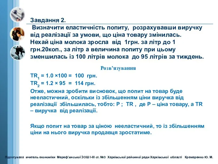 Завдання 2. Визначити еластичність попиту, розрахувавши виручку від реалізації за умови,