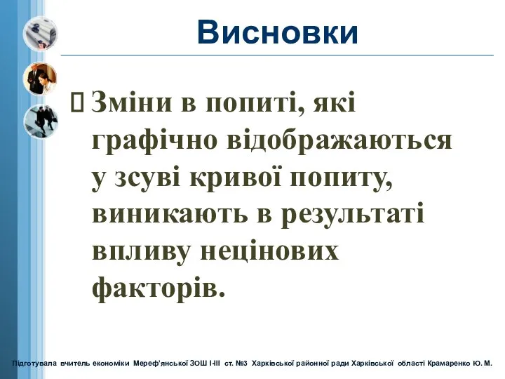 Висновки Зміни в попиті, які графічно відображаються у зсуві кривої попиту,