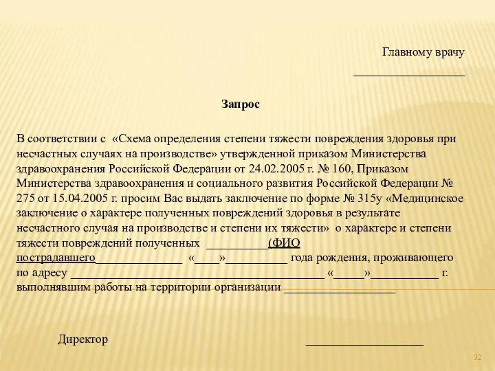 Главному врачу __________________ Запрос В соответствии с «Схема определения степени тяжести