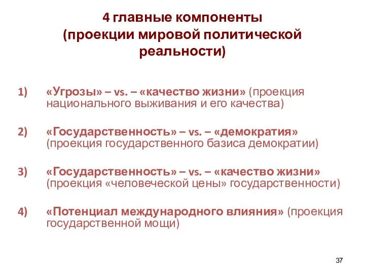 4 главные компоненты (проекции мировой политической реальности) «Угрозы» – vs. –