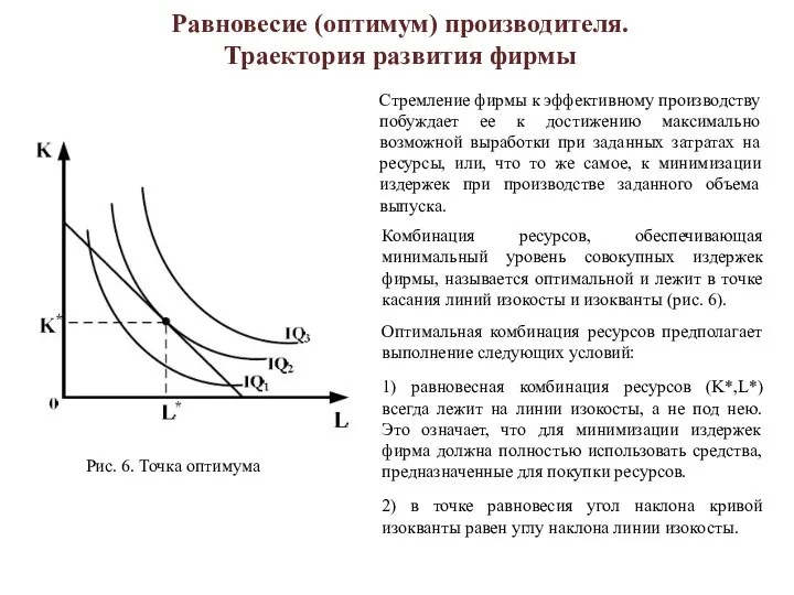 Равновесие (оптимум) производителя. Траектория развития фирмы Стремление фирмы к эффективному производству