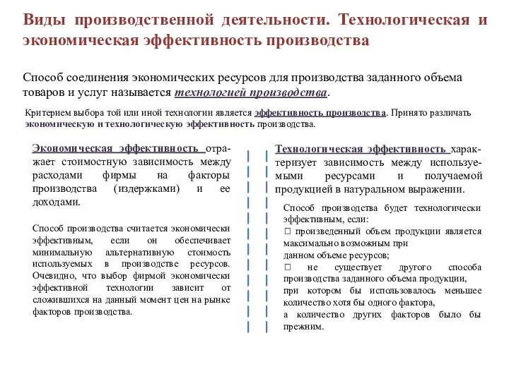 Виды производственной деятельности. Технологическая и экономическая эффективность производства Способ соединения экономических