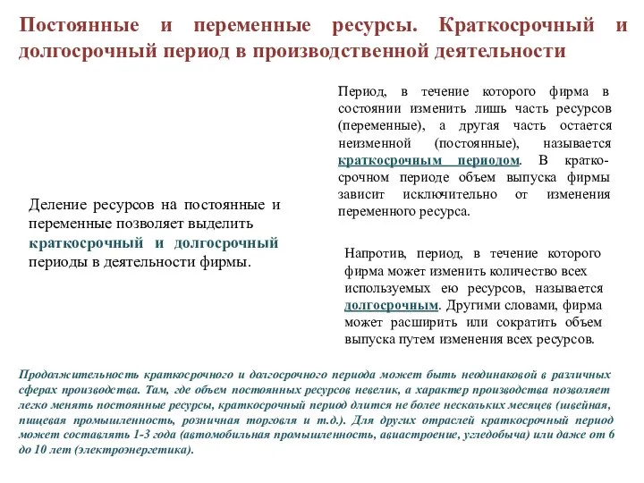 Постоянные и переменные ресурсы. Краткосрочный и долгосрочный период в производственной деятельности