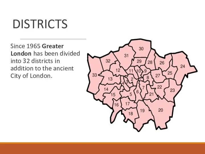 DISTRICTS Since 1965 Greater London has been divided into 32 districts