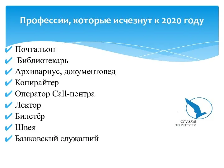 Почтальон Библиотекарь Архивариус, документовед Копирайтер Оператор Call-центра Лектор Билетёр Швея Банковский