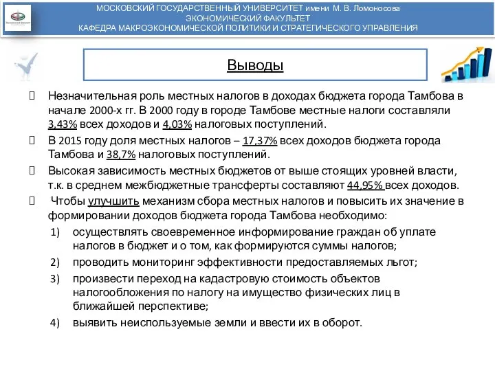 Выводы Незначительная роль местных налогов в доходах бюджета города Тамбова в