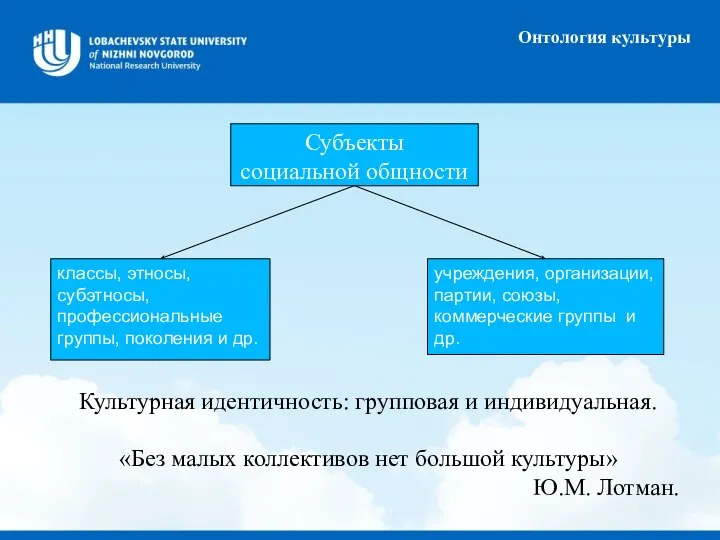 Онтология культуры Субъекты социальной общности классы, этносы, субэтносы, профессиональные группы, поколения