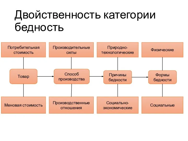 Двойственность категории бедность Потребительная стоимость Товар Меновая стоимость Причины бедности Природно-технологические