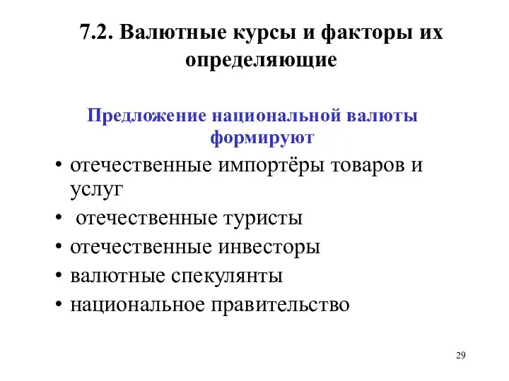 7.2. Валютные курсы и факторы их определяющие Предложение национальной валюты формируют