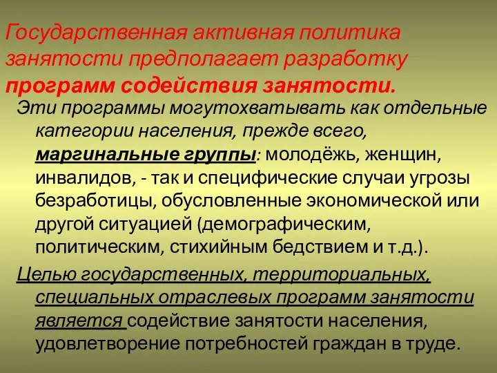 Государственная активная политика занятости предполагает разработку программ содействия занятости. Эти программы