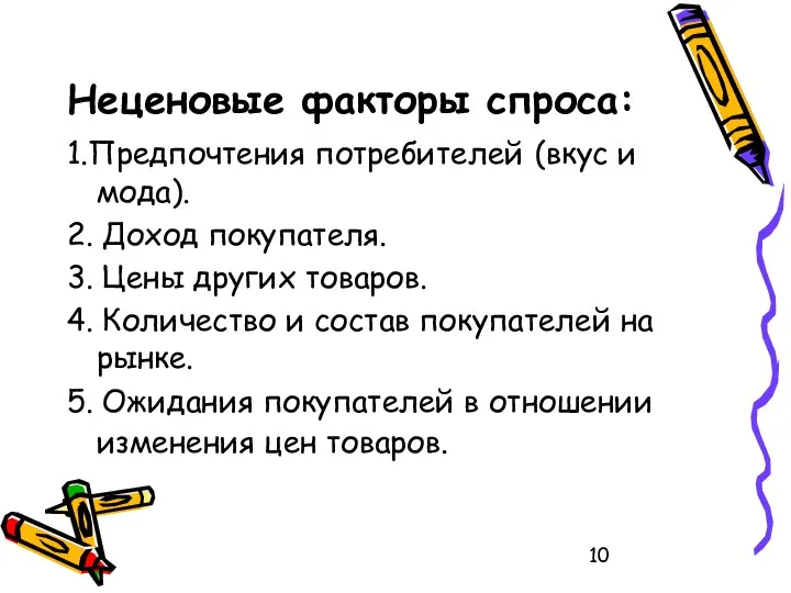 Неценовые факторы спроса: 1.Предпочтения потребителей (вкус и мода). 2. Доход покупателя.