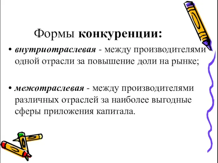 Формы конкуренции: внутриотраслевая - между производителями одной отрасли за повышение доли