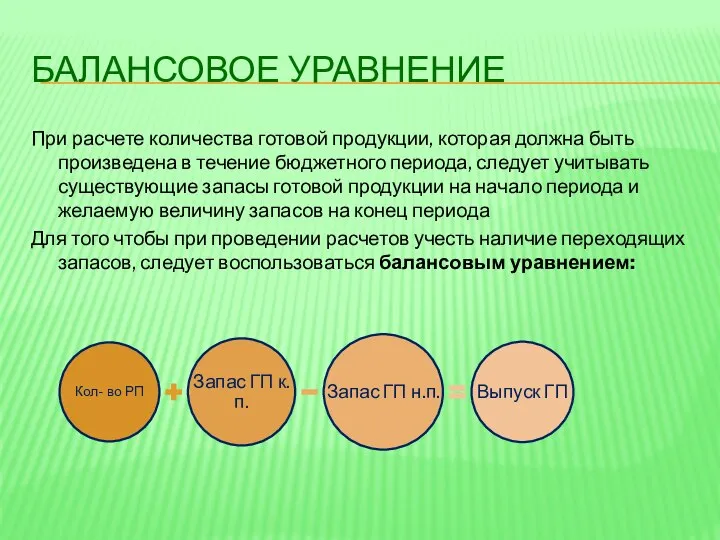 БАЛАНСОВОЕ УРАВНЕНИЕ При расчете количества готовой продукции, которая должна быть произведена