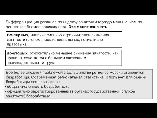 Во-первых, наличие сильных ограничителей снижения занятости (экономических, социальных, нормативно-правовых). Во-вторых, относительно