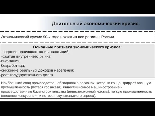 Экономический кризис 90-х годов охватил все регионы России. Длительный экономический кризис.