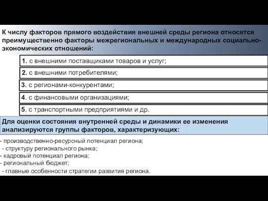 К числу факторов прямого воздействия внешней среды региона относятся преимущественно факторы