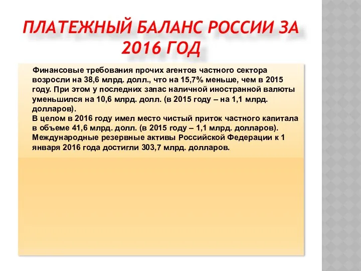 ПЛАТЕЖНЫЙ БАЛАНС РОССИИ ЗА 2016 ГОД Финансовые требования прочих агентов частного